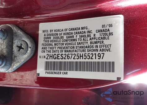 2005 Honda Civic Ex из США, поврежденный, VIN 2HGES26725H552197